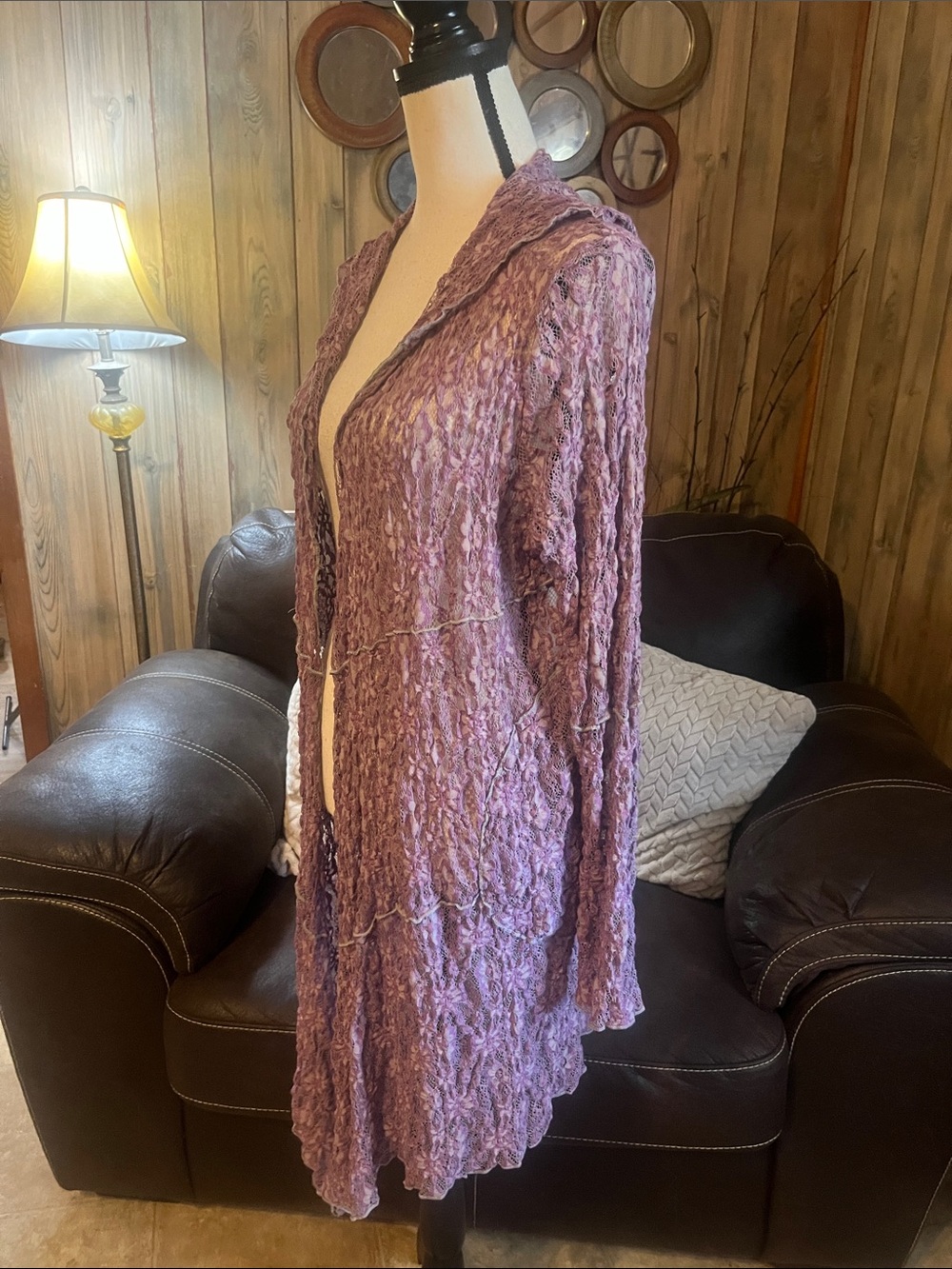 Women’s Open-Front Mauve/Lavender Pucker Lace Hooded Cardigan Boho Chic Longline - Picture 4 of 9